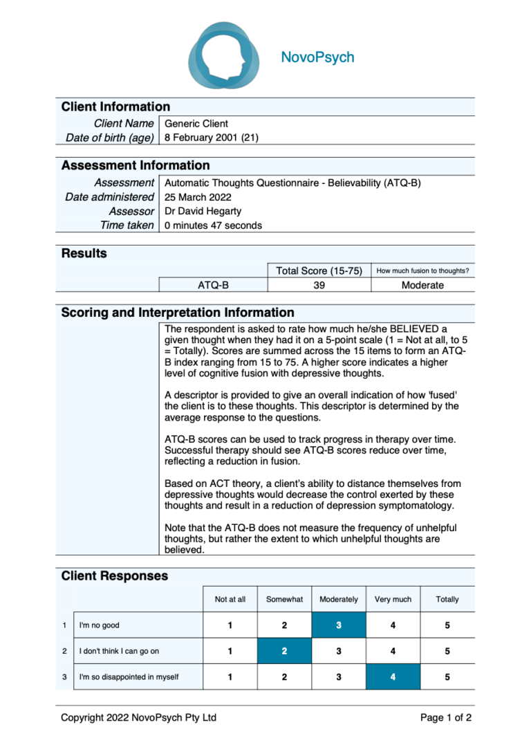 ATQ-B - Automatic Thoughts Questionnaire – Believability