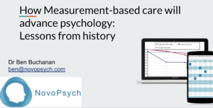 Title slide reading 'Measurement-based care will advance psychology: lessons from history' by Dr Ben Buchanan, NovoPsych