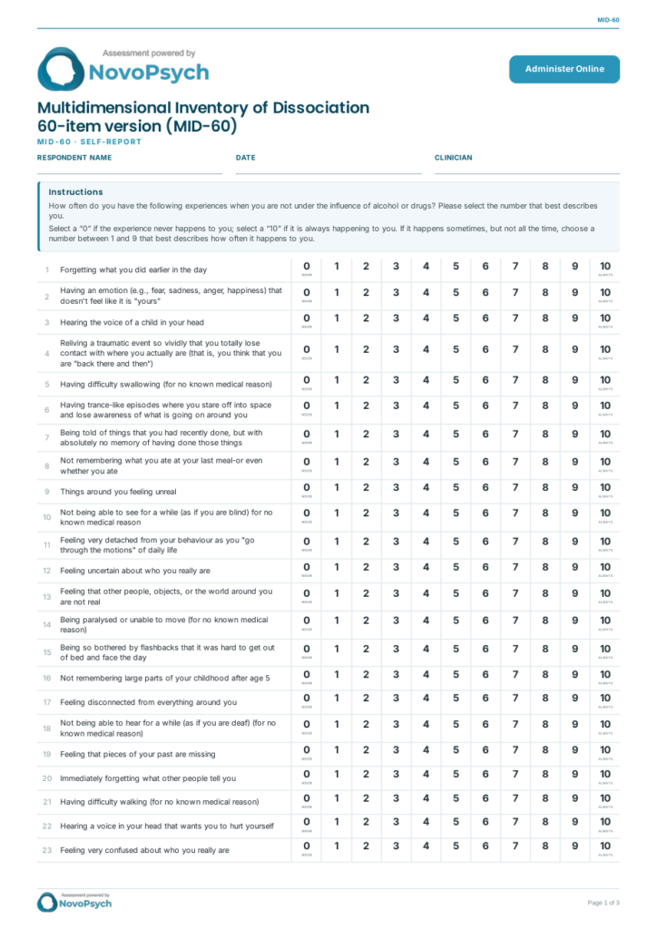 Blank Multidimensional Inventory of Dissociation (MID-60) assessment form