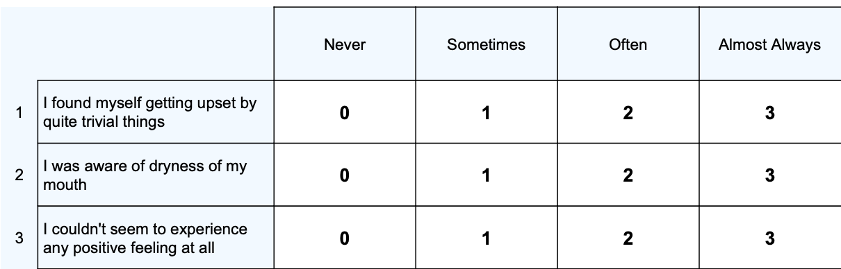 Depression Anxiety Stress Scales - Long Form Questions