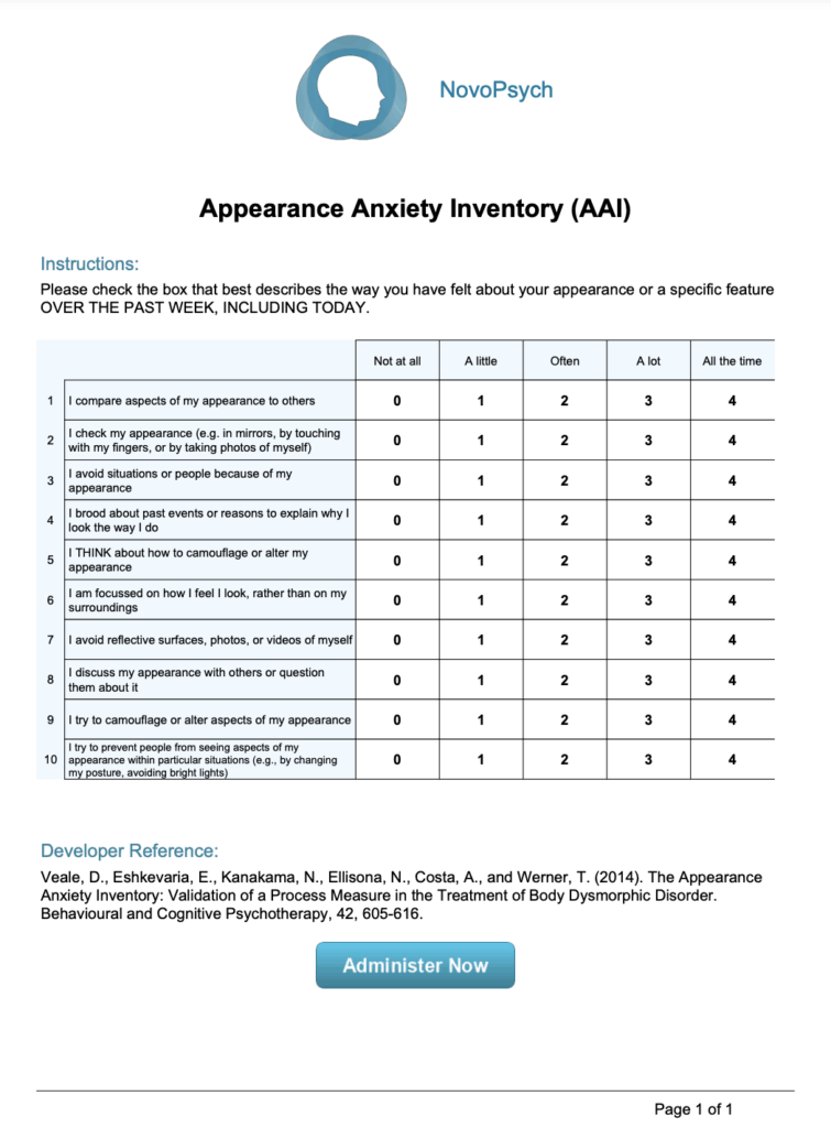 Blank Appearance Anxiety Inventory (AAI) questionnaire