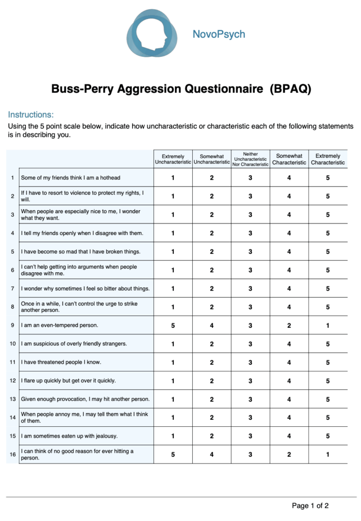 Sample preview of the Buss-Perry Aggression Questionnaire (BPAQ)