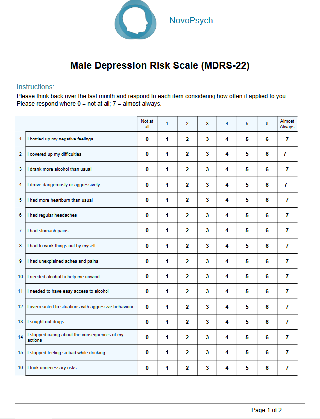 Sample preview of the Male Depression Risk Scale-22 (MDRS-22) questionnaire