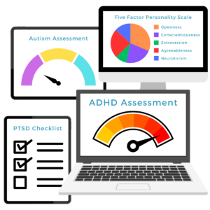 Ilustración de las evaluaciones de NovoPsych en ordenadores portátiles, que incluyen pruebas de autismo, personalidad, TDAH y TEPT