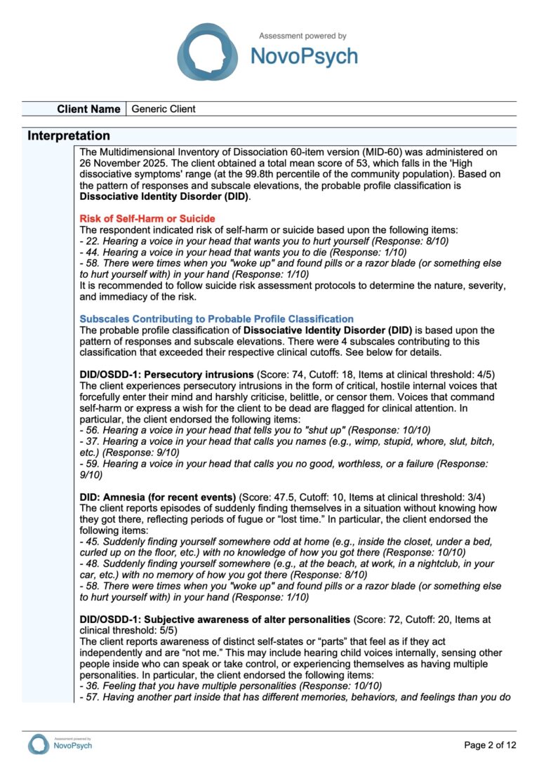 Un informe detallado de una página en el que se interpretan los resultados del MID-60 de un cliente para el profesional sanitario.