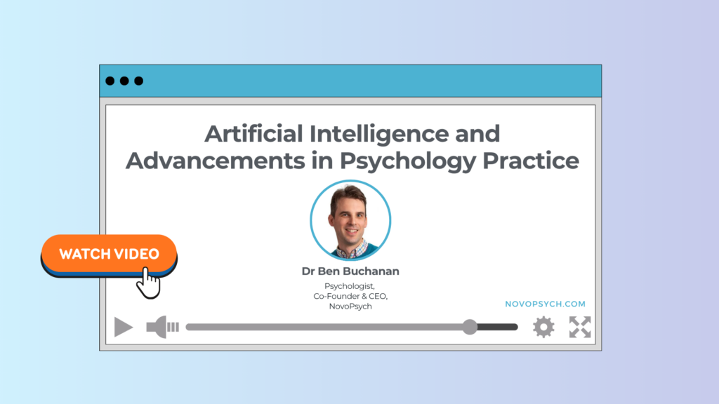 Promo image: "Watch video" button with webinar title: Artificial Intelligence and Advancements in Psychology Practice