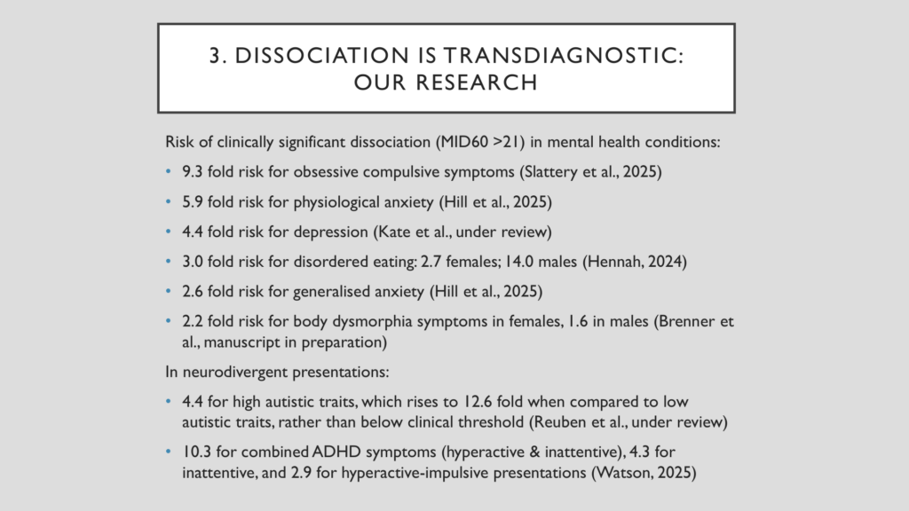 Slide showing the elevated risk of clinically significant dissociation across mental health and neurodivergent presentations — OCD, anxiety, depression, eating disorders, autism, and ADHD.
