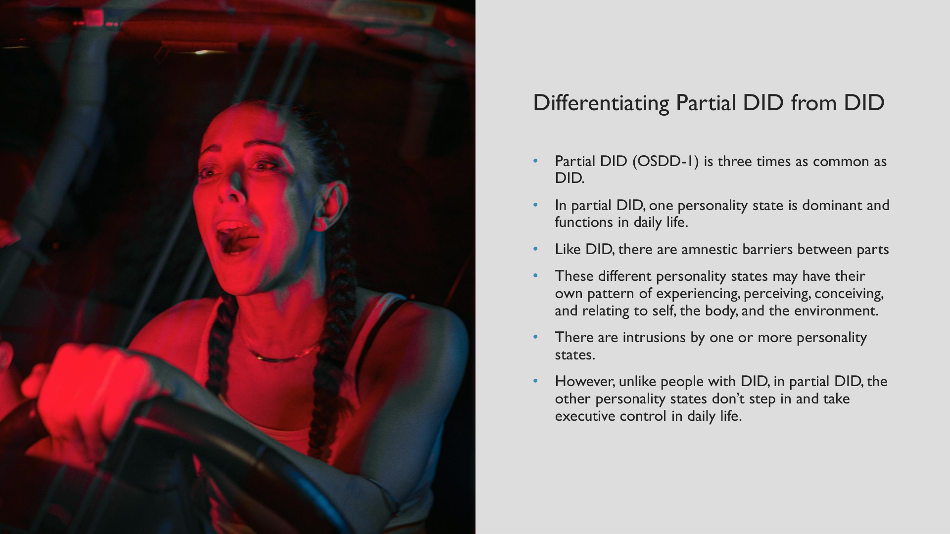 Slide differentiating Partial DID (OSDD‑1) from full DID — one dominant state vs. switching, amnestic barriers, and intrusions.