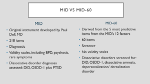 Comparación paralela entre el MID original de 218 ítems (Dell) y el cuestionario de cribado MID-60 de 60 ítems: diferencias en el número de ítems, la finalidad, las escalas de validez y los trastornos detectados.