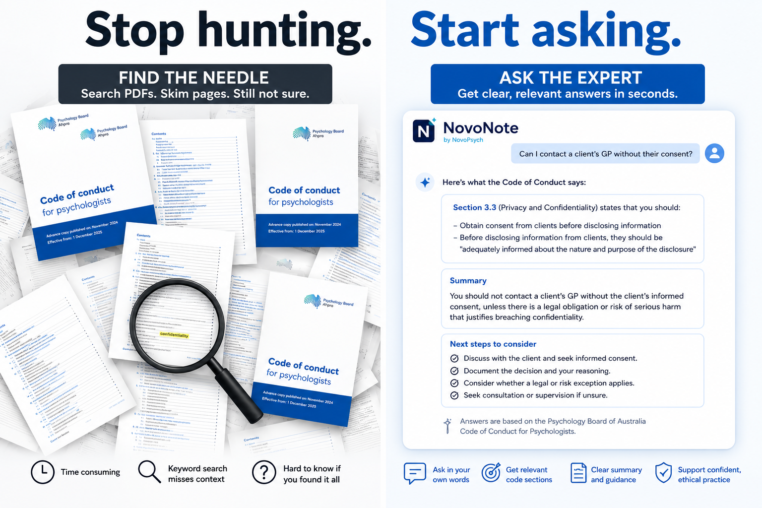 'Stop hunting, start asking' graphic about the Psychology Board (PsychBA) code of conduct and NovoNote