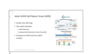 Adult ADHD Self-Report Scale (ASRS) NovoPsych report output, showing inattentive and hyperactive/impulsive subscale scores benchmarked against ADHD and non-ADHD community samples.
