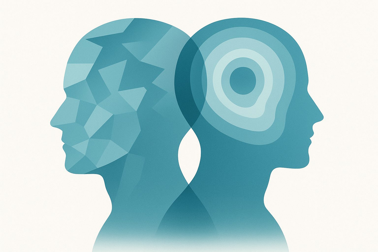 Dos siluetas de cabezas de color verde azulado: una con facetas fragmentadas y cambiantes que representan la inestabilidad del sentido de identidad en el trastorno límite de la personalidad, y otra con capas de caparazones protectores que representan el trastorno de estrés postraumático complejo.