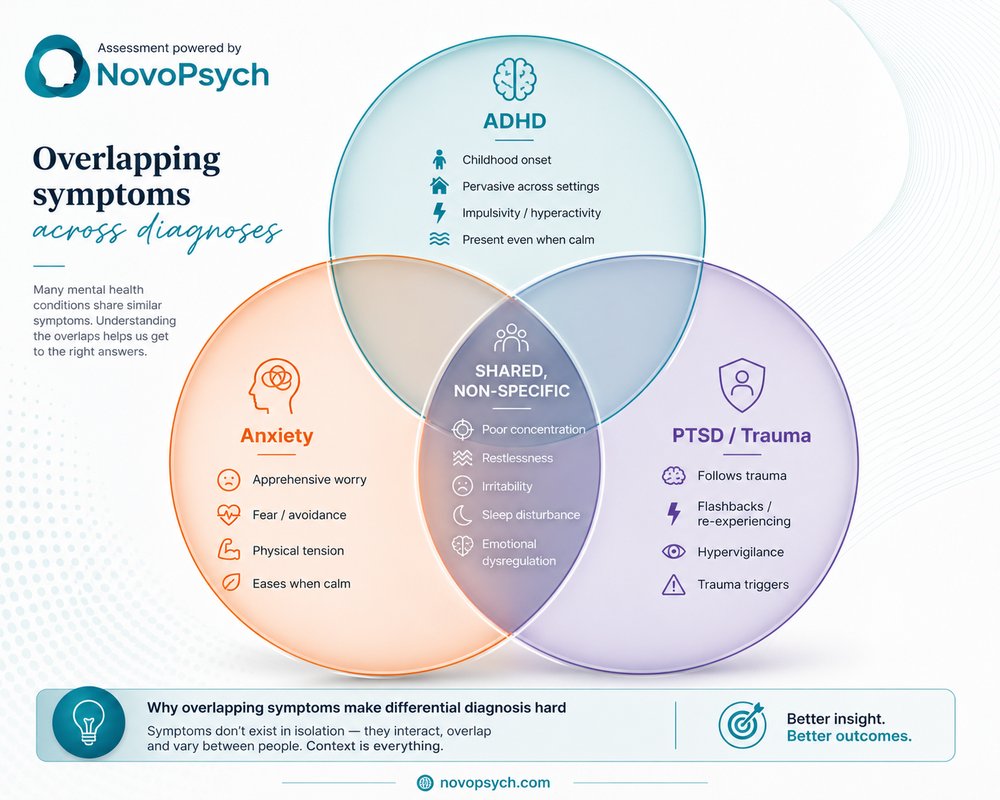 Diagnóstico diferencial en salud mental: diagrama de Venn que muestra cómo el TDAH, la ansiedad y el TEPT/trauma se solapan, compartiendo en el centro síntomas inespecíficos como la falta de concentración, la inquietud, la irritabilidad, los trastornos del sueño y la desregulación emocional, mientras que en los bordes aparecen los rasgos específicos de cada trastorno.