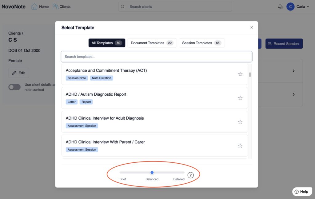 Control deslizante de configuración de la longitud y el nivel de detalle de las notas en NovoNote