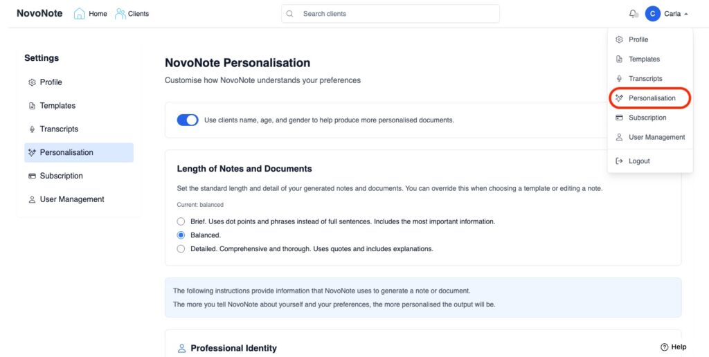 Ajustes de personalización de NovoNote para adaptar las notas clínicas
