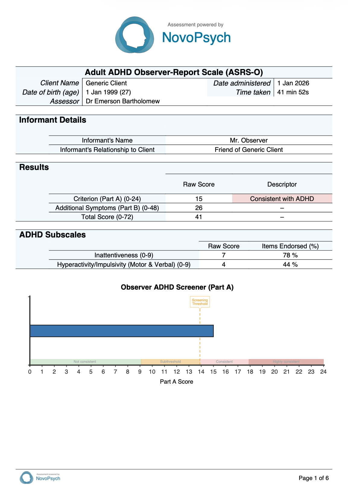 Informe de resultados de una muestra de la Escala de Evaluación del TDAH en Adultos (ASRS-O): primera página