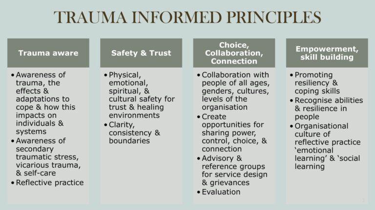Diapositiva sobre los principios basados en el enfoque del trauma, en la que se muestran cuatro pilares: Sensibilización ante el trauma, Seguridad y confianza, Elección/colaboración/conexión, y Empoderamiento y desarrollo de habilidades.