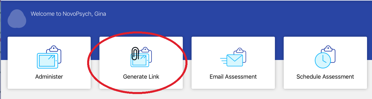 Clicking Generate Link on the NovoPsych home screen, the first step to send an intake assessment