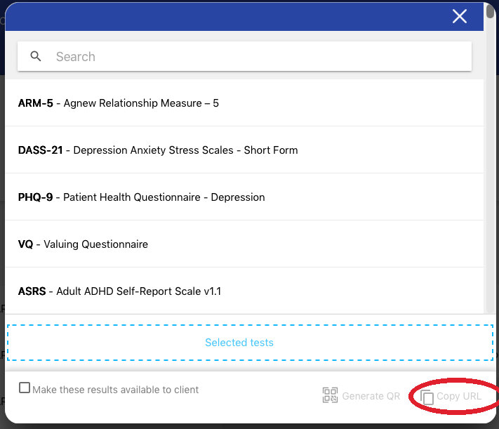 The Selected tests screen with Copy URL circled, used to get a reusable static intake link