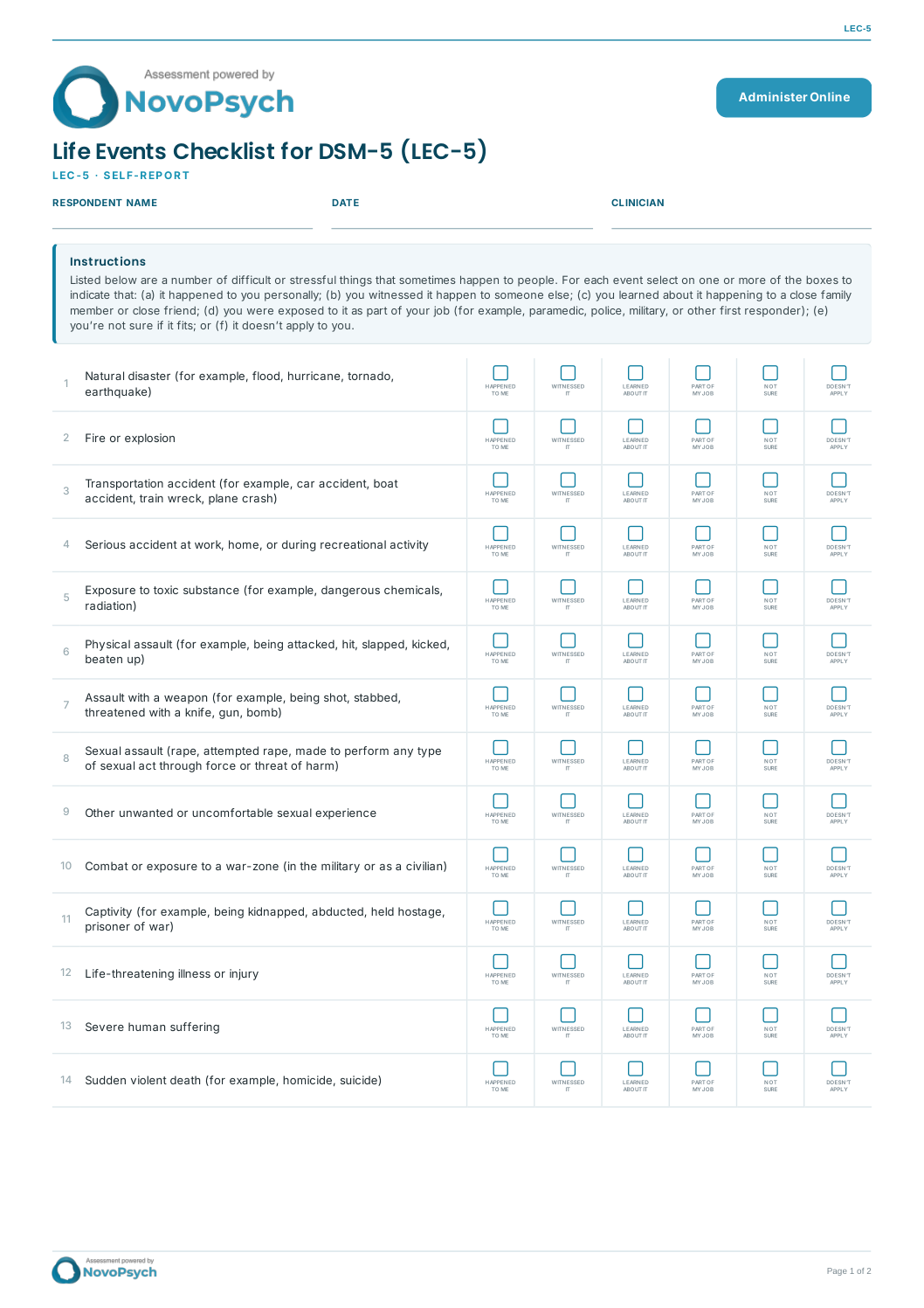 Lista de verificación de acontecimientos vitales para el DSM-5 (LEC-5) en PDF