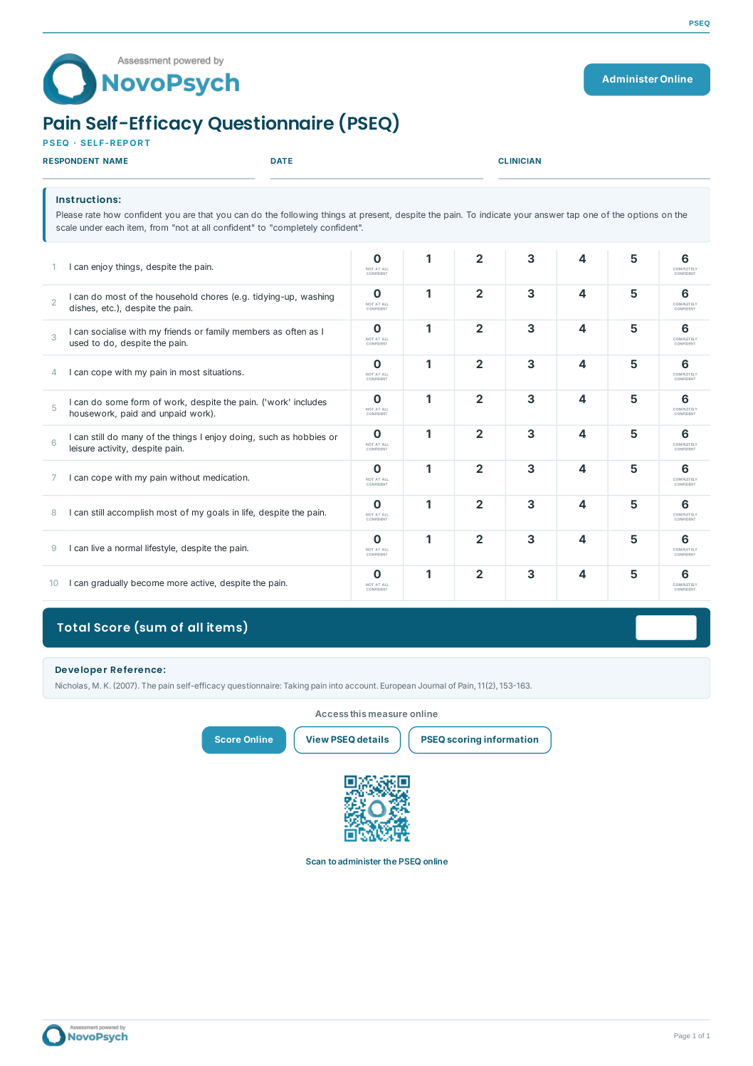 Pain Self-Efficacy Questionnaire (PSEQ) PDF