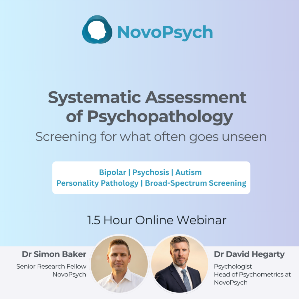 Cartel promocional del seminario web: Evaluación sistemática de la psicopatología: detección de lo que a menudo pasa desapercibido (trastorno bipolar | psicosis | autismo | trastornos de la personalidad | detección de amplio espectro)