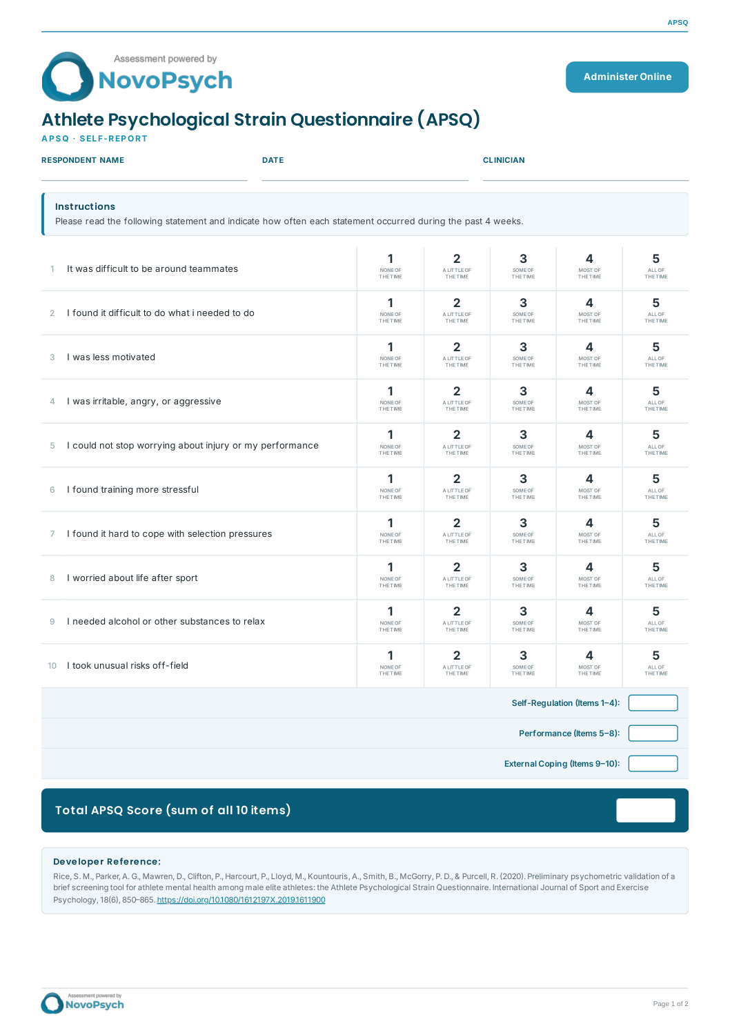 Athlete Psychological Strain Questionnaire (APSQ) PDF