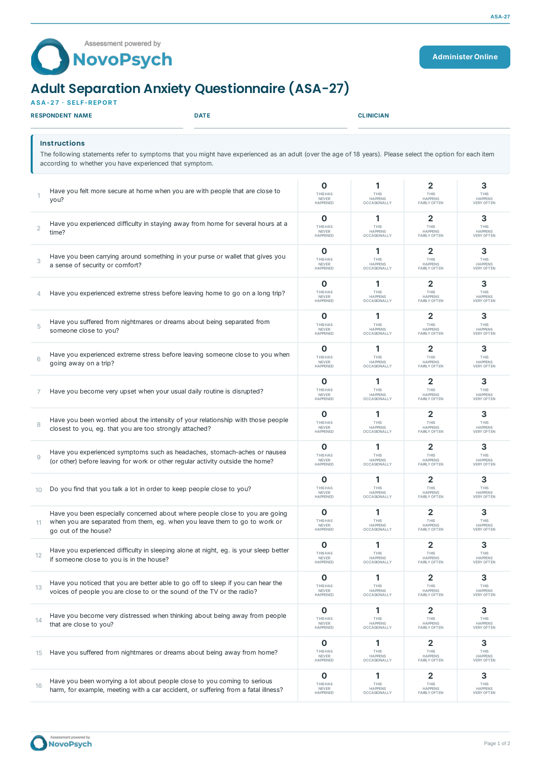 Adult Separation Anxiety Questionnaire (ASA-27) PDF