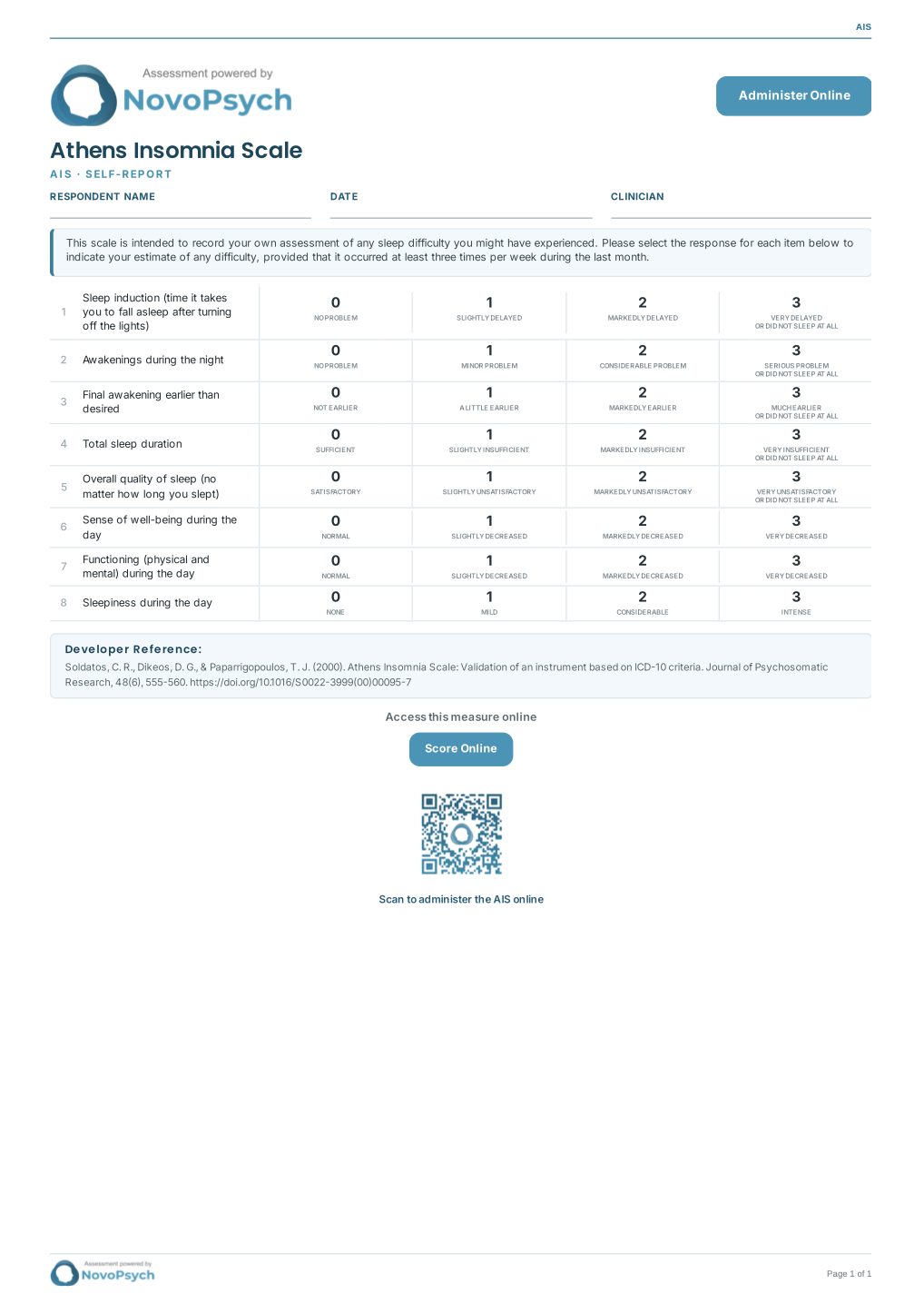 First page of the blank Athens Insomnia Scale form showing the instructions and all eight items with their 0 to 3 response options