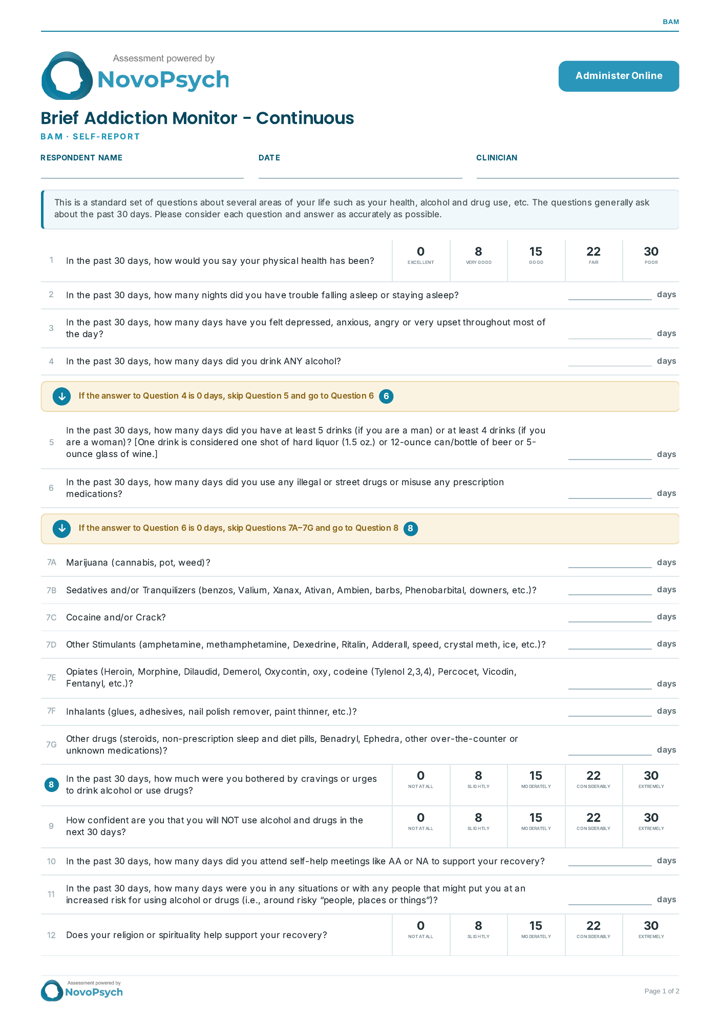 Formulario en blanco en formato PDF del «Brief Addiction Monitor – Continuous (BAM)»