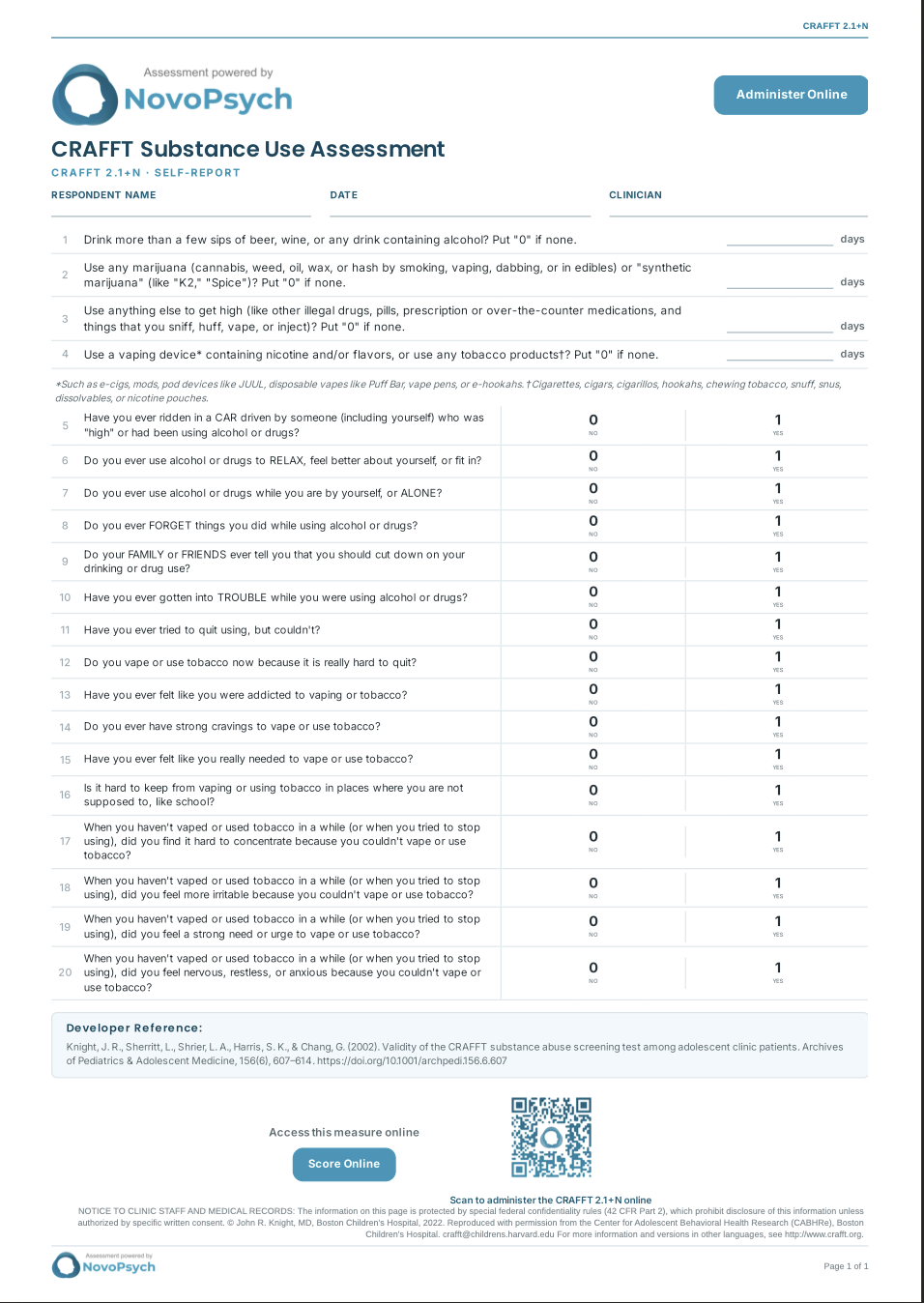 Primera página del formulario CRAFFT 2.1+N en blanco, en la que figuran las cuatro preguntas sobre la frecuencia de consumo en los últimos 12 meses, las seis preguntas del CRAFFT y las diez preguntas de la lista de control «Hooked on Nicotine»