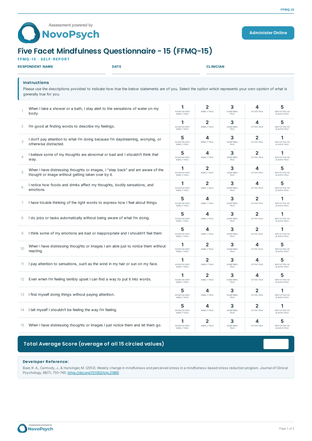 Cuestionario de Mindfulness de Cinco Facetas (FFMQ-15) en PDF