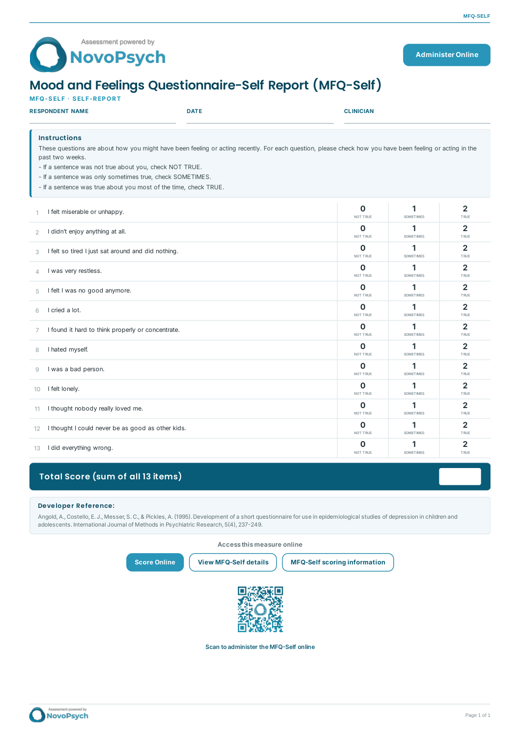 Mood and Feelings Questionnaire-Self Report (MFQ-Self) PDF