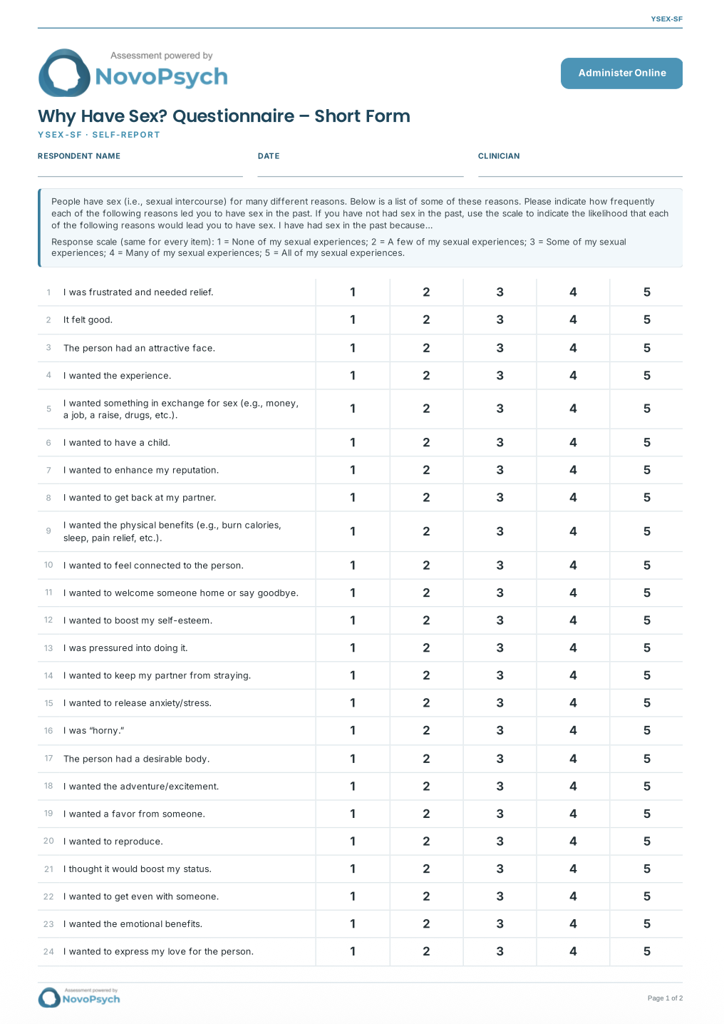 First page of the blank YSEX-SF form showing the instructions, the 1 to 5 response scale, and the first 24 items