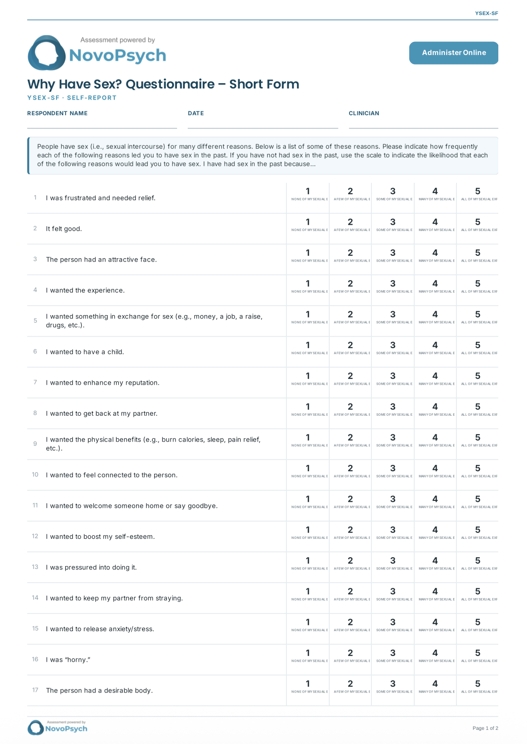 First page of the blank YSEX-SF form showing the instructions and the first 17 items with their five response options