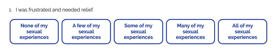YSEX-SF example item asking about frustration and relief, with five response options from None of my sexual experiences to All of my sexual experiences