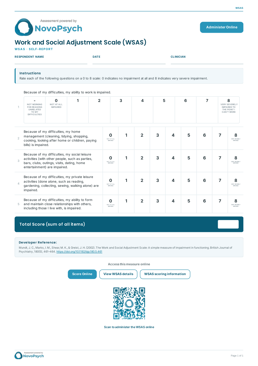 Work and Social Adjustment Scale (WSAS) PDF