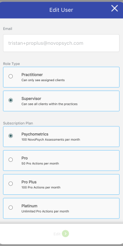 NovoPsych Edit User dialog